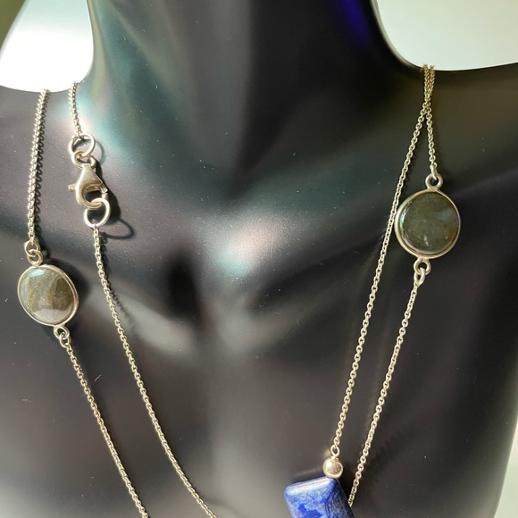 Lapis and Round Labradorite 925 Sterling Silver Station Necklace 36” - Picture 5 of 15